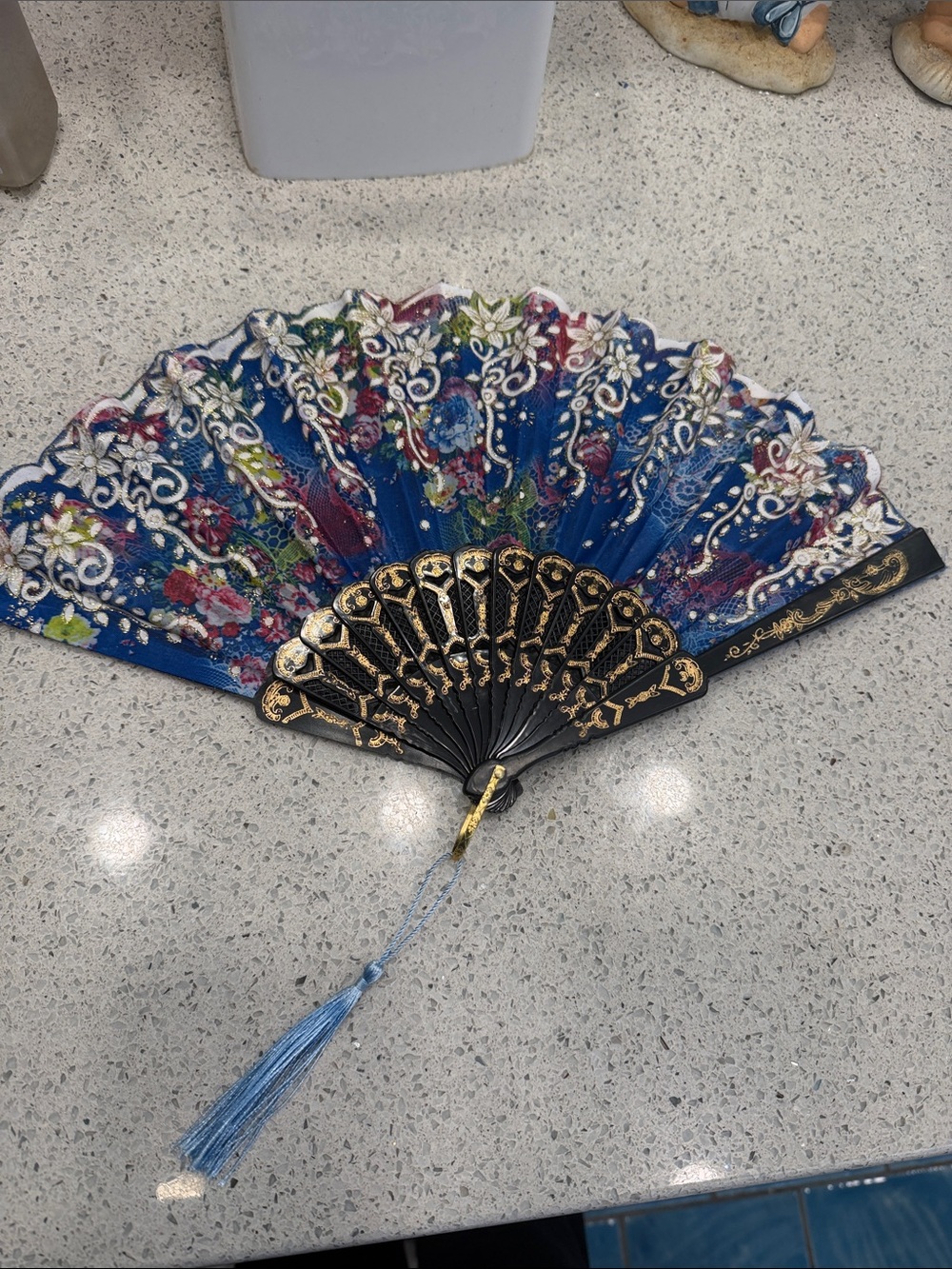 Decorative Blue Hand Fan with Floral Lace Detailing